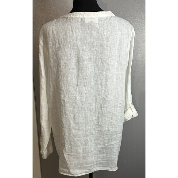 JM Collections Sz 12 White Linen Button Down Blouse Roll Tab Long Sleeve Tunic - Picture 3 of 7